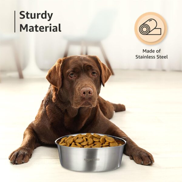 Amazon Basics Heavy Dog Bowl | Large Stainless Steel Food Bowl for Dogs, Cats and Pets (Pack of 2 x 1600 ml)