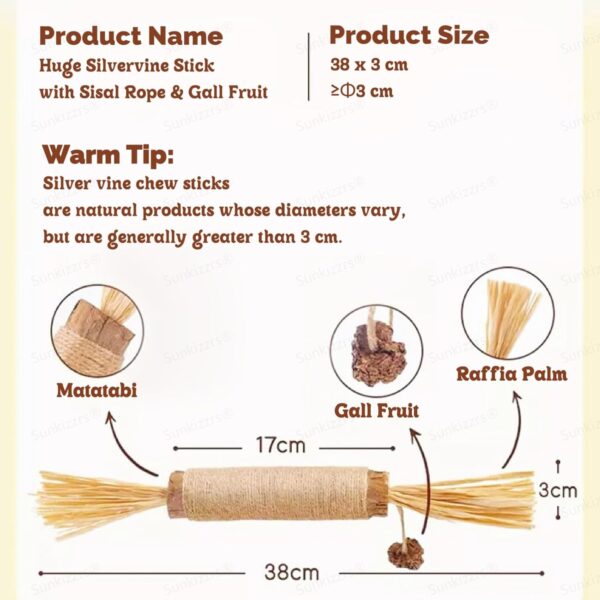 71Rj5mFT4IL._SL1500_.jpg Sunkizzrs® Huge Silvervine Stick with Sisal Rope & Gall Fruit & Raffia Palm —Matatabi Stick for Cat Teeth Cleaning —Interactive CatnipToy Set —Chew & Scratch Toys for Aggressive Chewers (Φ3 x 38cm)