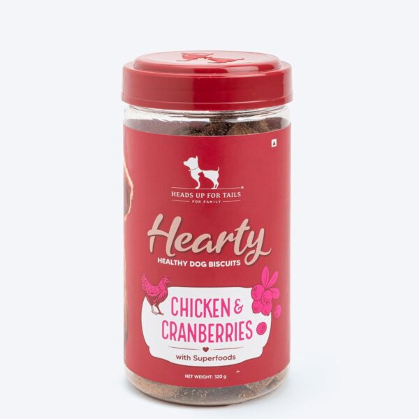 Hearty by Heads Up for Tails - Chicken & Cranberries Dog Biscuits for Adult Dogs & Puppies | Chicken Biscuits, Protein-Rich & Gluten-Free | No Artificial Preservatives | 320 gm