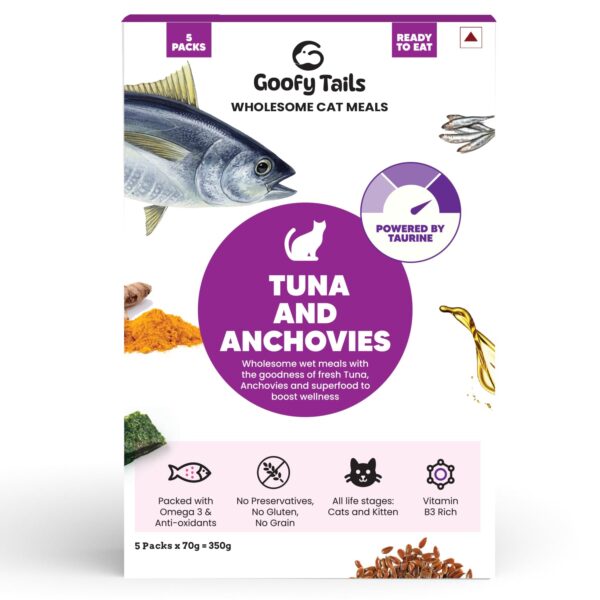 Goofy Tails Tuna and Anchovies Wet Cat Food and Kitten Goofy Tails Tuna and Anchovies Wet Cat Food and Kitten Food, 350g (70g X 5 Pouches), Preservative Free, Gluten & Grain Free, Balanced Cat Wet Food, Powered by Taurine with Omega 3 & Antioxidants