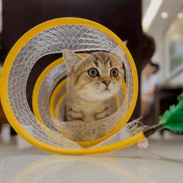 Foldable Tunnel Cat Toy, Stress-Relieving Fun Interactive Toy, Collapsible Donut Tunnel with Bell, Feather, Colorful Mice, and 4 pcs Spiral Spring Toy for Small, Medium Cat- Yellow