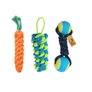Foodie Puppies Dog Chew Cotton Rope Toys 3in1 Combo for Small Dogs & Puppies (Dual-Tennis + Carrot + CornStick Rope) Knotted Cotton Chew Dog Toy for Playing, Teeth Cleaning & Training (Color May Vary)