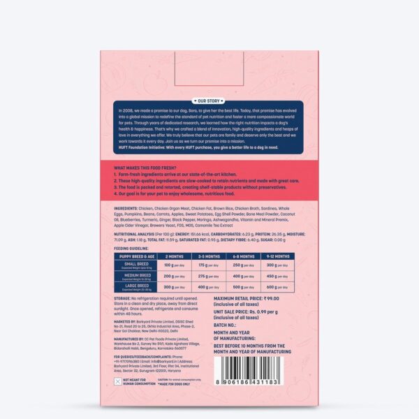 71X6YZ6d13L._SL1500_.jpg Heads Up For Tails Sara's Wholesome Food - Chicken & Brown Rice Puppy Meals - Wet Food for Growing Puppies|High-Protein,Puppy Food with 60% Real Meat|No Preservatives or Additives|100 gm|Pack of 5