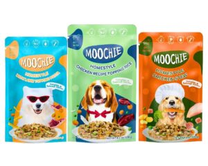 PETS EMPIRE Moochie Homestyle Wet Dog Food (120g X 6) Grain Free Gavy Meal, Variety Pack with Lamb Topping Pasta, Chicken Recipe Topping Rice & Chicken Stew, High Protein Gravy Foods for Adult Dogs