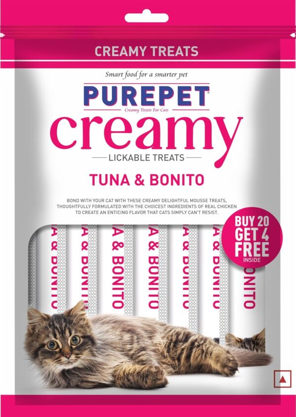 Purepet Creamy Lickable Cat Treats,Tuna & Bonito 360Gm(15g x24 Pcs)| Rich in Protein,Taurine for Heart & Vision,Ideal for Training and Bonding, Promotes Hydration| Treats for Kitten and Adult Cats