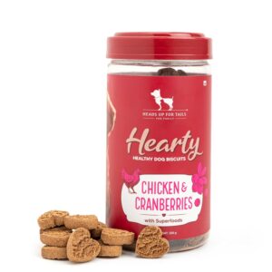Hearty by Heads Up for Tails - Chicken & Cranberries Hearty by Heads Up for Tails - Chicken & Cranberries Dog Biscuits for Adult Dogs & Puppies | Chicken Biscuits, Protein-Rich & Gluten-Free | No Artificial Preservatives | 320 gm