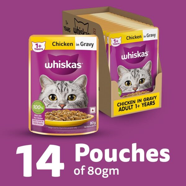71XuRTfBs9L._SL1500_.jpg Whiskas Adult (1+ Years) Wet Cat Food, Chicken in Gravy, 80 g (Pack of 14), Hydrating Food Made With Real Chicken, 100% Complete & Balanced Nutrition for Adult Cats