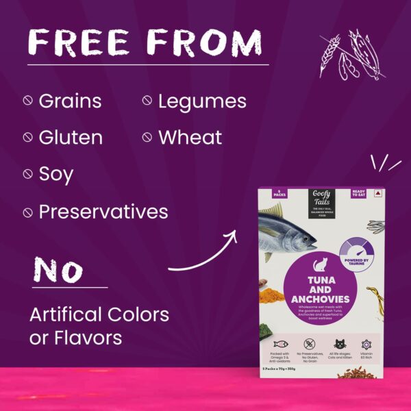 71YzovdZL._SL1500_.jpg Goofy Tails Tuna and Anchovies Wet Cat Food and Kitten Food, 350g (70g X 5 Pouches), Preservative Free, Gluten & Grain Free, Balanced Cat Wet Food, Powered by Taurine with Omega 3 & Antioxidants