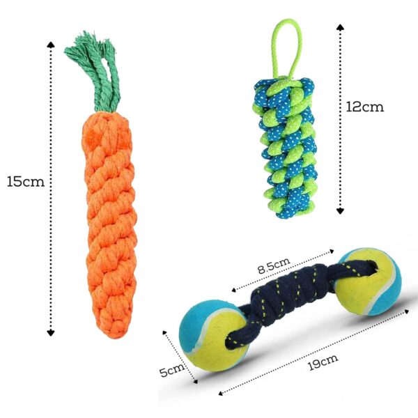 Foodie Puppies Dog Chew Cotton Rope Toys 3in1 Combo for Small Dogs & Puppies (Dual-Tennis + Carrot + CornStick Rope) Knotted Cotton Chew Dog Toy for Playing, Teeth Cleaning & Training (Color May Vary)
