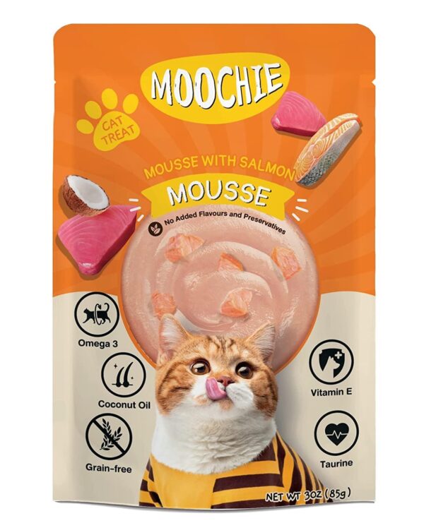 PETS EMPIRE Moochie Tasty Wet Cat Food (85 g X 6 Pouches) Mousse with Salmon, Grain Free Cats Gravy Meal, No Artificial Flavours Kitten Food, Non-Vegetarian Cat Foods Pouch for Kittens