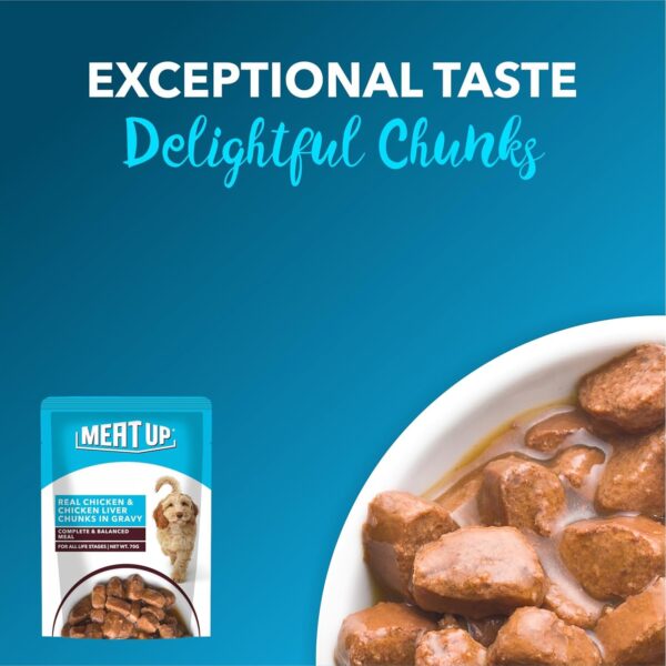 71ZUOecGbjL._SL1500_.jpg Meat Up Adult Wet Dog Food, Real Chicken and Chicken Liver Chunks in Gravy, 8 Pouches (8 x 70g) - Buy 1 Get 1 Free
