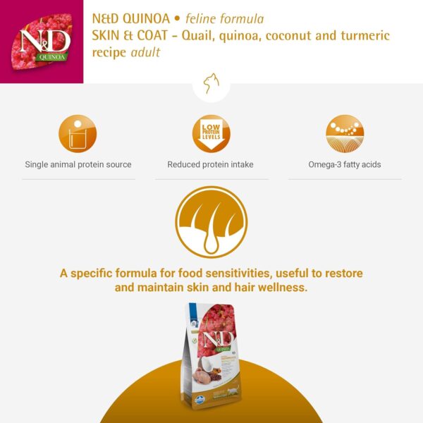 Farmina N&D Quinoa Skin & Coat Cat Food | Grain-Free | Quail, Quinoa, Coconut & Turmeric | Supports Healthy Skin & Coat | 1.5kg