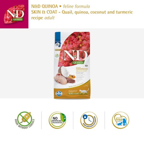 Farmina N&D Quinoa Skin & Coat Cat Food | Grain-Free | Quail, Quinoa, Coconut & Turmeric | Supports Healthy Skin & Coat | 1.5kg