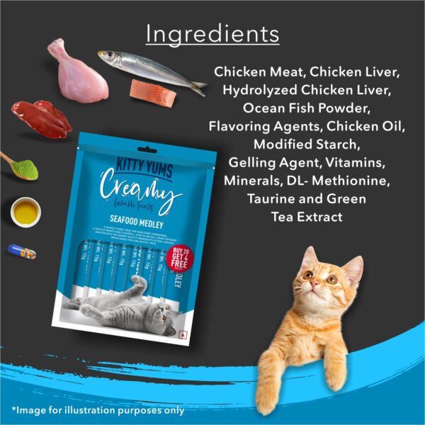 Kitty Yums Creamy Lickable Cat Treats,Seafood Medely 360Gm(15g x24 Pcs)| Rich in Protein,Taurine for Heart & Vision,Ideal for Training and Bonding, Promotes Hydration|Treats for Kitten and Adult Cat