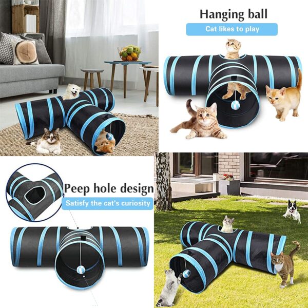 Cat Tunnel - 3 Way Interactive Play Toy for Kittens, Dogs, and Rabbits - Foldable Pet Tunnel With Ball (Dark Blue)