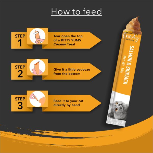 Kitty Yums Creamy Lickable Cat Treats,Salmon & Skipjack,360Gm(15g x24 Pcs)| Rich in Protein,Taurine for Heart,Ideal for Training and Bonding, Promotes Hydration|Treats for Kitten and Adult Cats