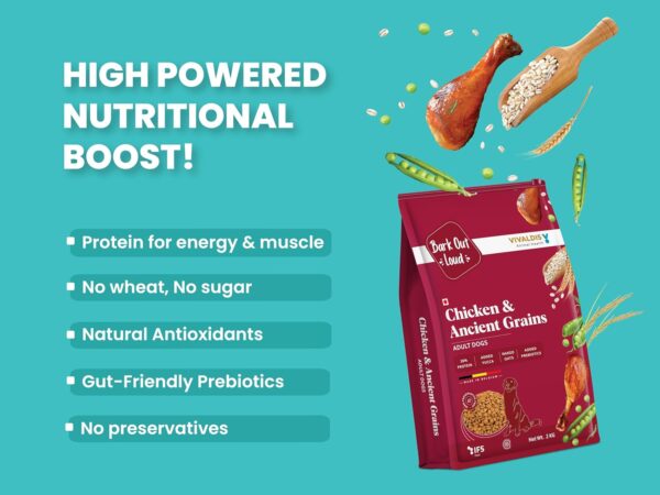 71h1W3KrmDL._SL1500_.jpg Bark Out Loud Adult Dry Dog Food, Chicken & Ancient Grains | Low Grain Dry Dog Food for Medium & Large Breeds | High Protein Kibbles with Prebiotics, Super Herbs, Antioxidants & Fibre 2 kg