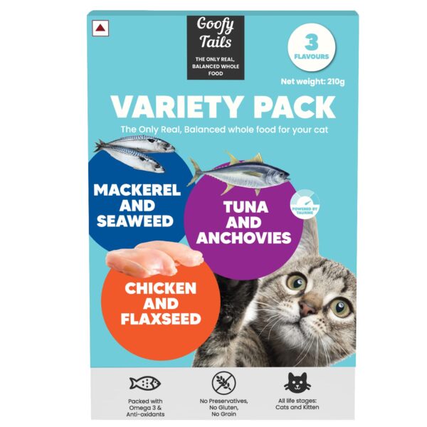 Goofy Tails Wet Cat Food and Kitten Food Variety Pack Goofy Tails Wet Cat Food and Kitten Food Variety Pack 210g (70g X 3 Pouches), Tuna and Anchovies, Mackerel and Seaweed, Chicken and Flaxseeds, Preservative Free, Wholesome, Natural Cat Wet Food