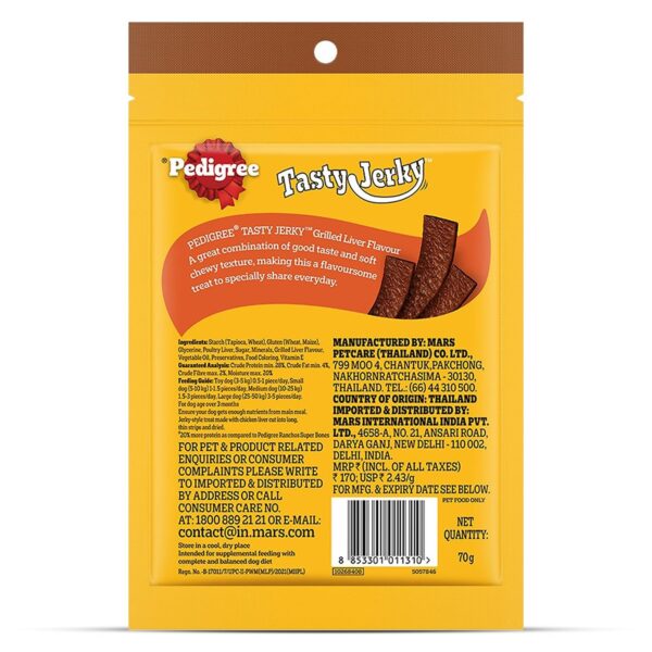 71hjixE9r5L._SL1500_.jpg Pedigree® Tasty Jerky™ Dog Treat, Grilled Liver Flavour, 70 g, Jerky-Style Treats for Bonding, Low-Fat and Rich-Protein* Dog Treats