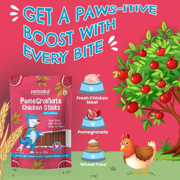 Pomegranate Chicken Sticks- 100gms | Crunchy Dog Treats | Made with Real Fruit & Chicken | Highly Nutritious | Easy to Digest | Suitable for All Dog Breeds | Pack of 1