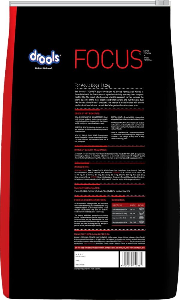 71iyMEaGVEL._SL1500_.jpg Drools Focus Adult Super Premium Dry Dog Food, Meat Flavour, 1.2kg