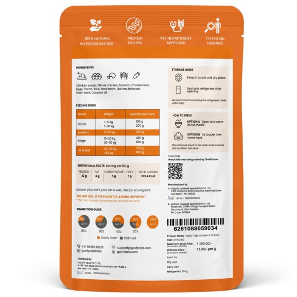 71jH2J8snnL._SL1500_.jpg Goofy Tails Chicken & Quinoa Wet Dog Food 1.4Kg (200g X 7 Pack), Wholesome, Human Grade, Preservative & Gluten Free, Taste Booster & Food Topper