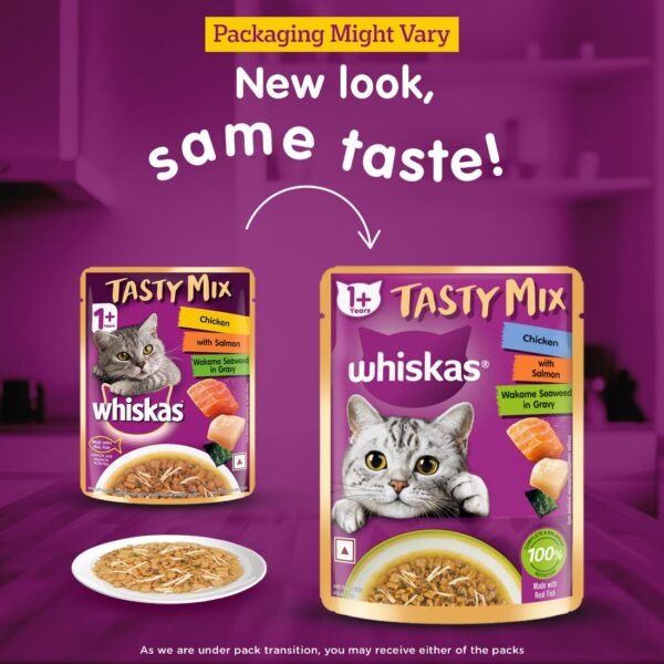 71k-nnjysnL._SL1100_.jpg Whiskas Tasty Mix Adult (1+ Year) Wet Cat Food, Chicken with Salmon Wakame Seaweed in Gravy, 70 g, Cat Food Made with Real Fish, Complete & Balanced Nutrition for Adult Cats
