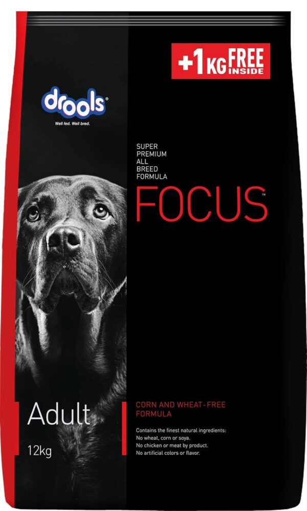 Drools Focus Adult Super Premium Dry Dog Food, 12 kg Drools Focus Adult Super Premium Dry Dog Food, 12 kg (+1kg Free Inside), Total 13 Kg Pack