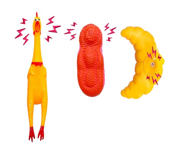 The Pets Company Vinyl Squeaky Chew Dog/Puppy Toy for Puppies & Small Dogs | Durable, Animal Design, for Playing, Teething and Chewing | Pack of 3 (Rooster, Croissant, Shoe) (Color May Vary)