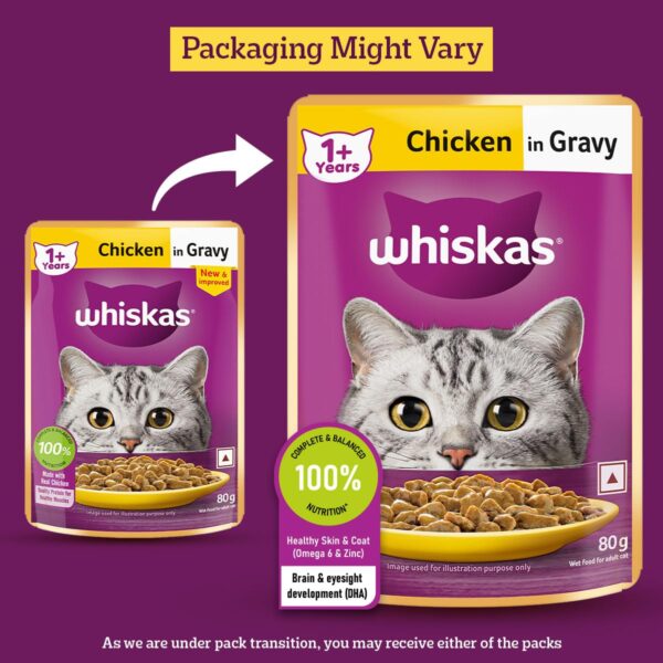 71l52jbJzpL._SL1200_.jpg Whiskas Adult (1+ Years) Wet Cat Food, Chicken in Gravy, 80 g (Pack of 14), Hydrating Food Made With Real Chicken, 100% Complete & Balanced Nutrition for Adult Cats