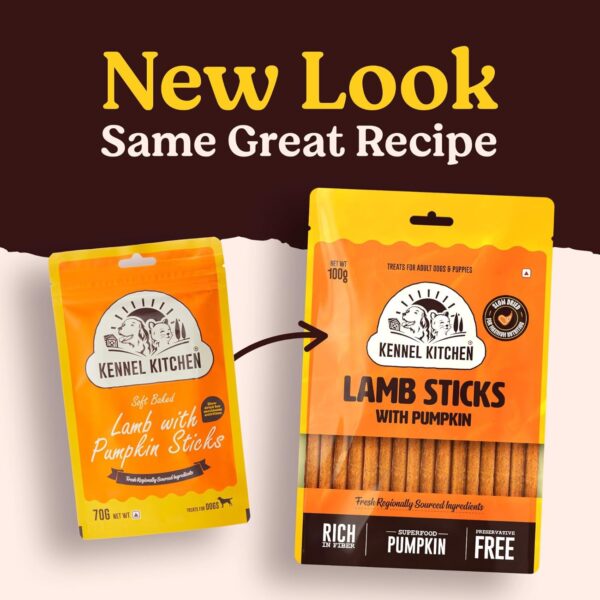 Kennel Kitchen Soft Baked Lamb with Pumpkin Sticks Treats for Dogs, 100g (Pack of 1) | Soft Dog Chew Sticks | Dog Treats for Adult Dogs and Puppies
