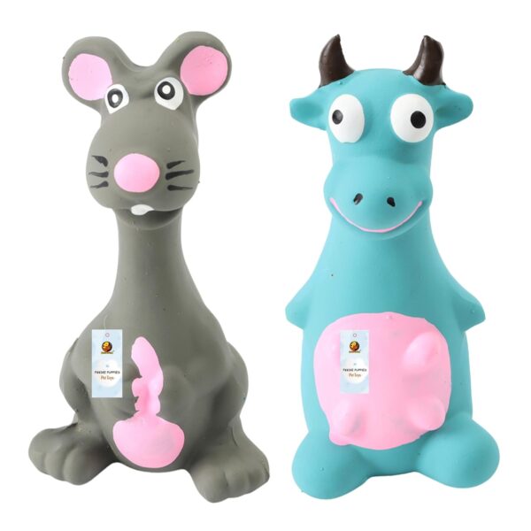 Foodie Puppies Latex Squeaky Dog Toys Combo - (Grey Mouse and Blue Bull) | Durable, Animal Design Chew Toy for Teething, Fetching & Playing | Suitable for Cats, Kitten, Small to Medium Dogs & Puppies