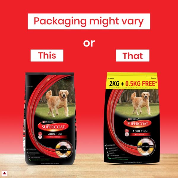 71mlEeEyqUL._SL1200_.jpg SUPERCOAT Purina Adult Dry Dog Food, 1+ Years, with Chicken, Smartblend Precise Nutrition for Whole Body Health, No Artificial Colours & Flavours, 2.5Kg, Bag