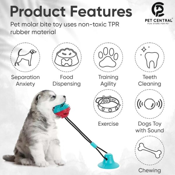 Interactive Toy | Suction Cup Chew Toy for Aggressive Chewers | Treat Dispensing Squeaky Dog Toy for Stimulation and Self-Playing | Tug of War Rope With Teeth Cleaning Ball