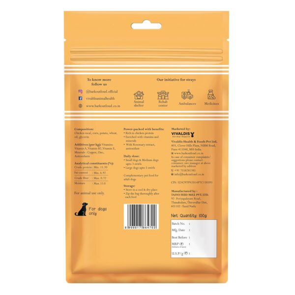 71oDCqnxH3L._SL1500_.jpg BARK OUT LOUD By Vivaldis - Chicken Swirls Dog Treat Flake|Nutritious Ingredient Treats|Rich In Protein, Omega 3 Fatty Acids, Antioxidants For Dogs Of All Life Stages - 100 Gm, Pack Of 1