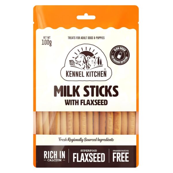 Kennel Kitchen Milk Sticks with Flaxseed Dog Treats, 100g | Kennel Kitchen Milk Sticks with Flaxseed Dog Treats, 100g | Calcium and Fibre Rich Soft Dog Chew Stick | Dog Treats for Adult Dogs and Puppies | Preservative Free | No Added Colours
