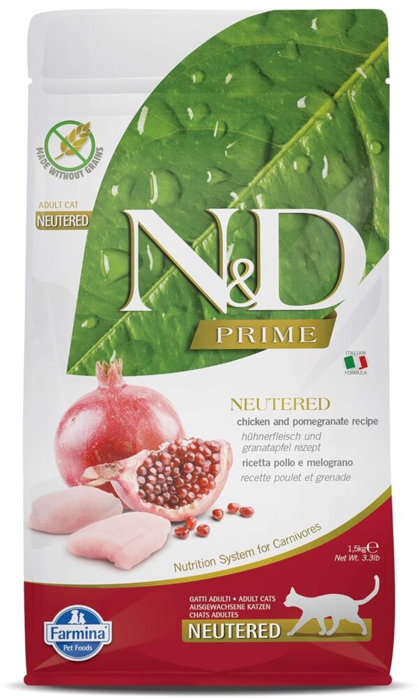 FARMINA N&D Prime Dry Cat Food, Neutered Adult, Grain-Free, 1.5-kg, FARMINA N&D Prime Dry Cat Food, Neutered Adult, Grain-Free, 1.5-kg, Chicken and Pomegranate