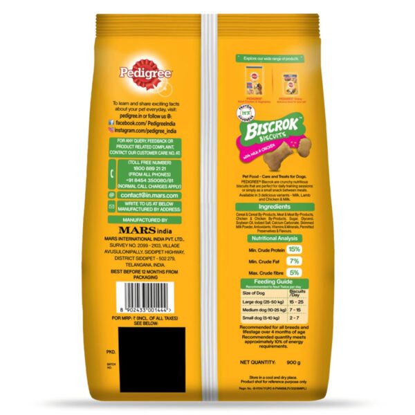 Pedigree Biscrok Biscuits (Above 4 Months) Dog Treats, Chicken with Milk Flavour, 900 g, Source of Calcium, Goodness of 15% Protein