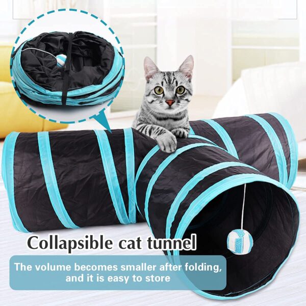 Cat Tunnel - 3 Way Interactive Play Toy for Kittens, Dogs, and Rabbits - Foldable Pet Tunnel With Ball (Dark Blue)