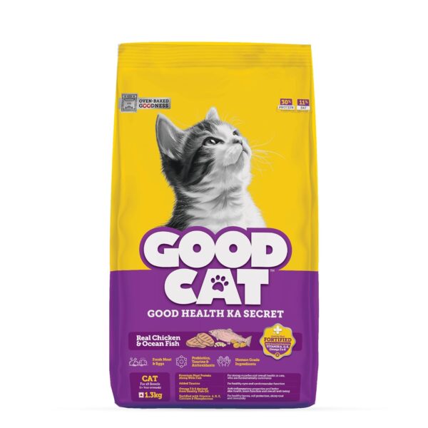 Good Cat Dry Cat Food | Oven Baked | Made Good Cat Dry Cat Food | Oven Baked | Made with Real Chicken & Ocean 4 Fish Cat Food | 1.3 kg | Suitable for All Ages | High Palatability | Tuna, Salmon & Mackerel | Essential Taurine for Vision
