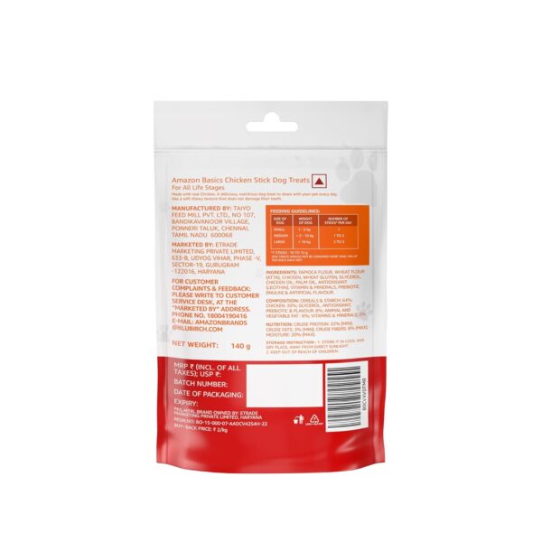 71rwhtAbw3L._SL1500_.jpg Amazon Basics Dog Treat Sticks 140 gm, Chewy Meat Sticks for Adult Dogs and Puppies, High Protein Dog Treats for Training and Snacks, Made of Real Chicken Meat, Ziplock Pack, Chicken Flavor