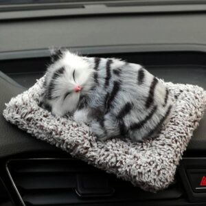 SUPER TOY Cute Sleeping Cat Plush Toy with Meow Sound, Gift for Kids Car Dashboard Accessories (Stripped Black)