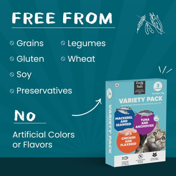 71vQ1xDX6L._SL1500_.jpg Goofy Tails Wet Cat Food and Kitten Food Variety Pack 210g (70g X 3 Pouches), Tuna and Anchovies, Mackerel and Seaweed, Chicken and Flaxseeds, Preservative Free, Wholesome, Natural Cat Wet Food