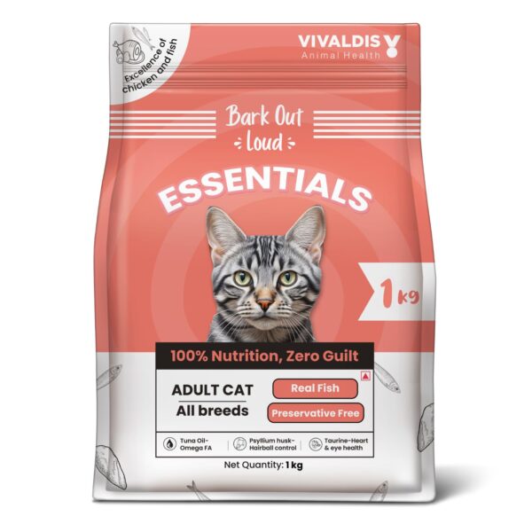 Bark Out Loud Essentials Adult Dry Cat Food | Fresh Fish & Chicken | Hairball Control | with Taurine, Antioxidants & Prebiotics | Complete & Balanced Nutrition - 1Kg