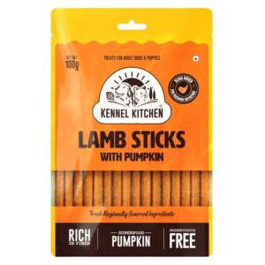 Kennel Kitchen Soft Baked Lamb with Pumpkin Sticks Treats for Kennel Kitchen Soft Baked Lamb with Pumpkin Sticks Treats for Dogs, 100g (Pack of 1) | Soft Dog Chew Sticks | Dog Treats for Adult Dogs and Puppies