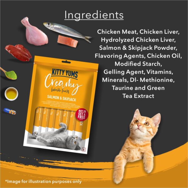 Kitty Yums Creamy Lickable Cat Treats,Salmon & Skipjack,360Gm(15g x24 Pcs)| Rich in Protein,Taurine for Heart,Ideal for Training and Bonding, Promotes Hydration|Treats for Kitten and Adult Cats