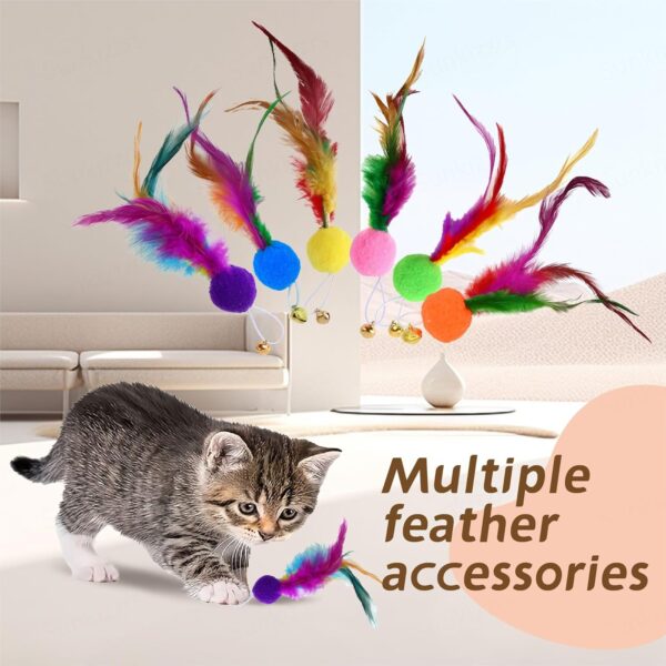 8144KEfkWL._SL1500_.jpg Sunkizzrs® Cat Toys - Interactive Toy Set with Retractable Teaser Wands and Feather Toys - Activity Toys to Exercise Cats and Kittens (Only 6 Feather Balls Replace Heads)