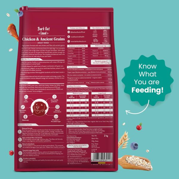 81-DUd52XzL._SL1500_.jpg Bark Out Loud Adult Dry Dog Food, Chicken & Ancient Grains | Low Grain Dry Dog Food for Medium & Large Breeds | High Protein Kibbles with Prebiotics, Super Herbs, Antioxidants & Fibre 2 kg