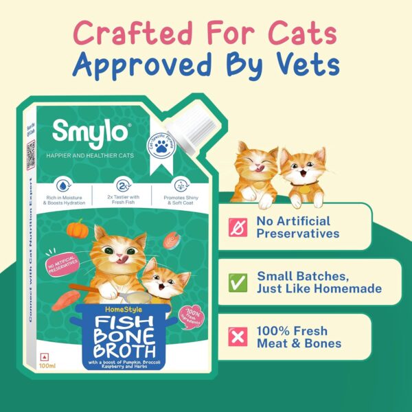 81-LXvx1KL._SL1500_.jpg Smylo Summer Cooler,Hydration Rich Fish Bone Broth for Cats (100 Ml x 3)|Rich in Collagen for Bones & Joints Health|Omega 3 & 6 for Shiny Fur & Coat|Cat Food Topper and Cat Supplements,All Life Stages