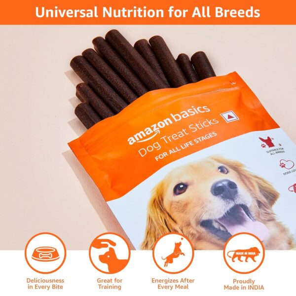 81-qaZb7DrL._SL1500_.jpg Amazon Basics Dog Treat Sticks 140 gm, Chewy Meat Sticks for Adult Dogs and Puppies, High Protein Dog Treats for Training and Snacks, Made of Real Chicken Meat, Ziplock Pack, Chicken Flavor